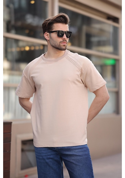 Madmext Bej Bisiklet Yaka Basic Erkek T-shirt E7138 Bej