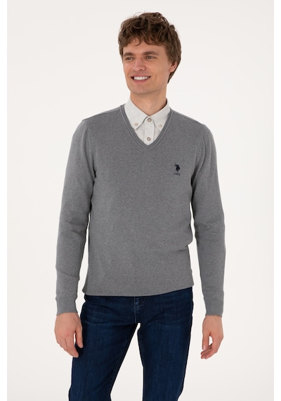 U.S. Polo Assn. Erkek Slim Fit V Yaka Gri Melanj Basic Kazak 50288881-VR086