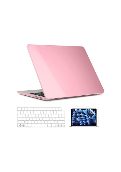 Novstrap Apple Macbook Air 15 İnç A2941 M2 Çip İle Uyumlu Parlak Kılıf + Şeffaf Klavye Kılıfı + Film Pembe