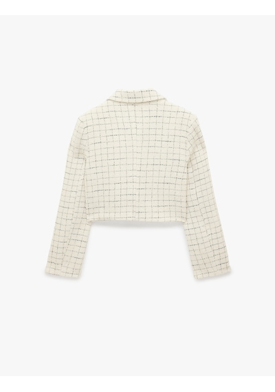 Koton Düğmeli Ekoseli Uzun Kollu Gömlek Yaka Crop Blazer Ceket Ekru Ekose 7wak50032uw Ekru Ekoseli