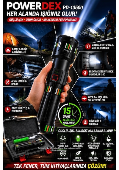 Şarjlı El Feneri 5000 Lümen 24.000 Mah Lityum Pil Taşıma Çantalı Profesyonel Set Pd-13500 Çok Renkli