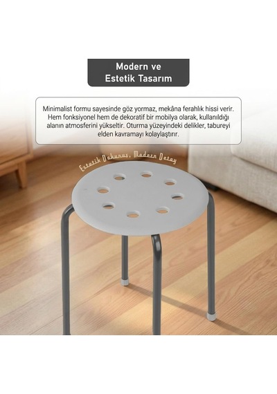 Metal Ayaklı Plastik Tabure 44 Cm - Minimalist Yuvarlak Mutfak Ve Balkon Taburesi, Üst Üste İstiflenebilir Ergonomik Delikli Ev Taburesi, Gri/antrasit Çok Renkli