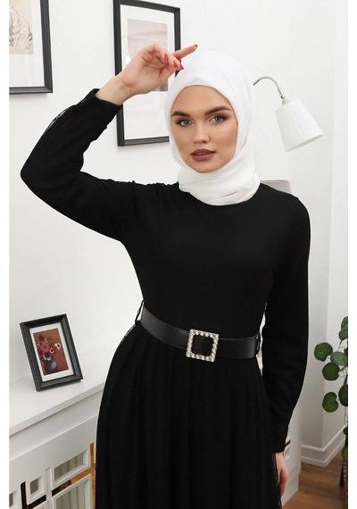 Neşeli Butik Kadın Tül Kemerli Tesettür Elbise Rssn45 - Siyah