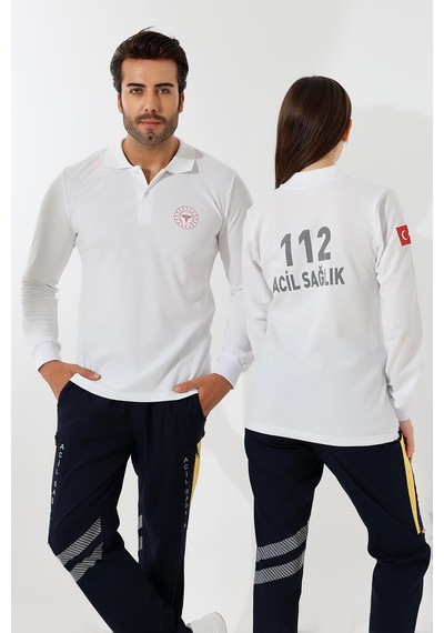 112 Acil Sağlık Yakalı Tshirt Uzun Kol Baskılı - Beyaz-12765 Beyaz