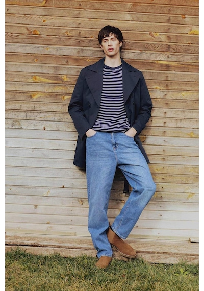 DeFacto Slim Fit Dar Kesim Düğmeli Kemerli Trençkot D5528AX25SPNV253 Lacivert
