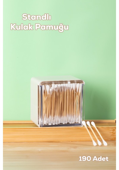 Porsima 3134 Doğal Ahşap Bambu Saplı Standlı Kulak Temizleme Çubuğu Seti- 190 Adet Renkli