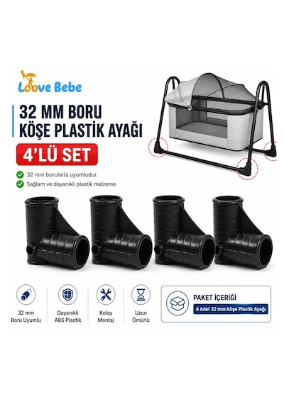32 Lik 4 Adet Sağlam Plastik Bebek Beşik Köşe Ayağı Salıncak Ayağı Boru Birleştirme Siyah