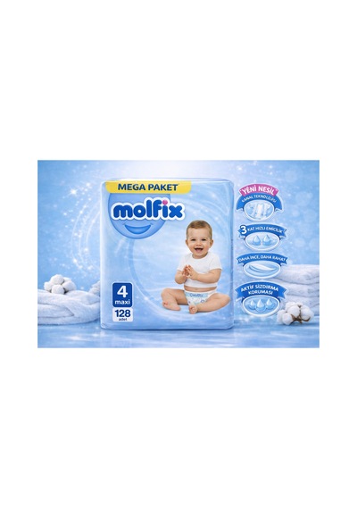 Molfix Mega Paket 4 Numara Maxi 128 Adet Bebek Bezi 7-14 Kg
