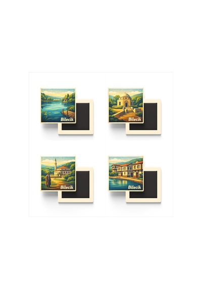 Bilecik - 4'lü Memleket Seti - Baskılı Buzdolap Magneti Kare - 9x9 Cm - 4 Adet