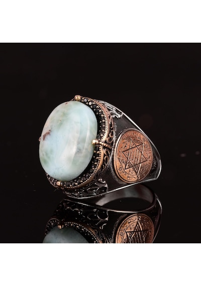 Larimar Taşlı Yüzük - Huzurlu 925 Ayar Solid Gümüş Erkek Yüzüğü - Okyanus Sakinliği Tasarımı Gümüş