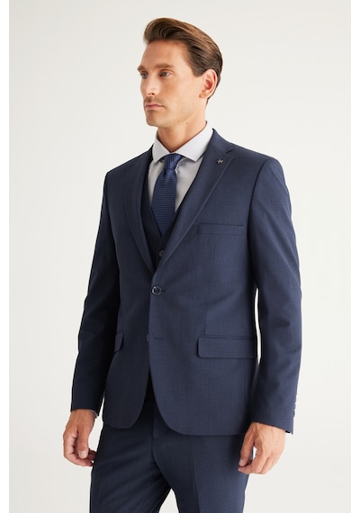 Ac&Co / Altınyıldız Classics Erkek K.lacı Recycle Slim Fit Dar Kesim Mono Yaka Yelekli Kareli Takım Elbise K.lacı Koyu Lacivert