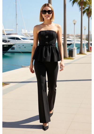 Benerly Kadın Straplez Düğmeli Peplum Bluz Flare Pantolon Dokuma İki Parç siyah Benerly Kadın Straplez Düğmeli Peplum Bluz Flare Pantolon Dokuma İki Parç siyah