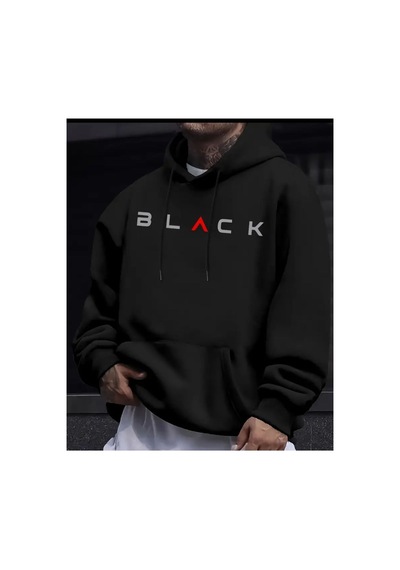 Herkesemoda Black Yazı Detaylı İçi Polarlı Kapüşonlu Sweatshirt Siyah
