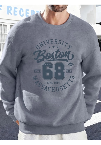 Tarzsokak Üniversite Boston Massachusetts Baskılı Erkek Tişörtü Spor Bol Giysiler Yumuşak Rahat Kazakla Gri