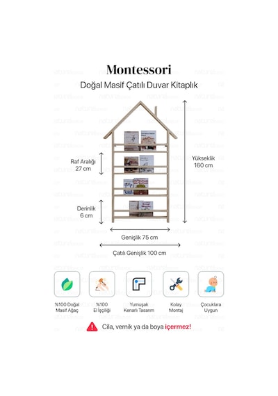 Çatılı Kitaplık Masif Ahşap Montessori Çatılı Duvar Kitaplık Ahşap