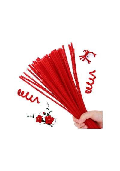 75 Adet Kırmızı, Beyaz, Koyu Yeşil Renkli Şönil , Çiçek Yapım Seti, Tüylü Tel, 30 Cm, Peluş Tel