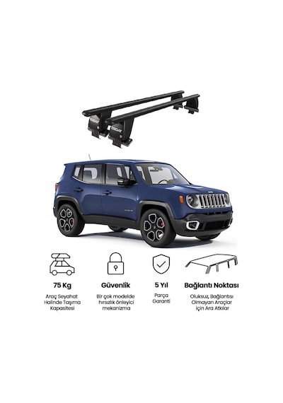 Royal Jeep Renegade 2014 Ve Sonrası Uyumlu Siyah Kilitli Ara Atkı Port Bagaj Tavan Barı
