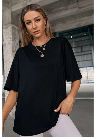 Oversize Unisex Baskısız T-shirt SIYAH