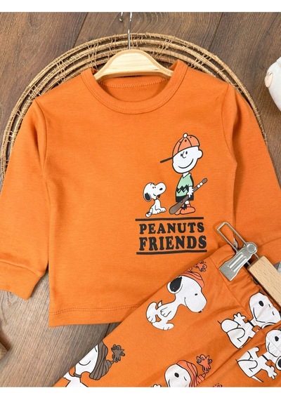 Bisiklet Yaka Peanuts Friends Baskılı Alt Üst Pijama Takımı 4bb2 Kiremit