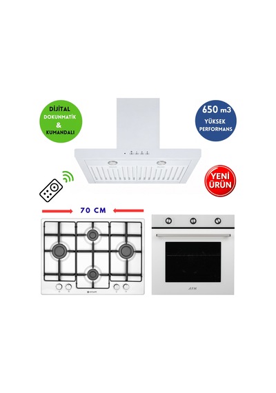 Eminçelik & Afm A25 FM7601W + 73 221 + FM3501W DLC Dijital Turbo Beyaz Ankastre Set