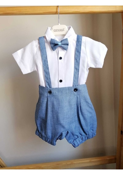 Bebeksen Papyonlu 3'lü Siyah Klasik Erkek Bebek Salopet Takım Özel Gün Kıyafeti Düğün Bebek Hediyesi Mavi