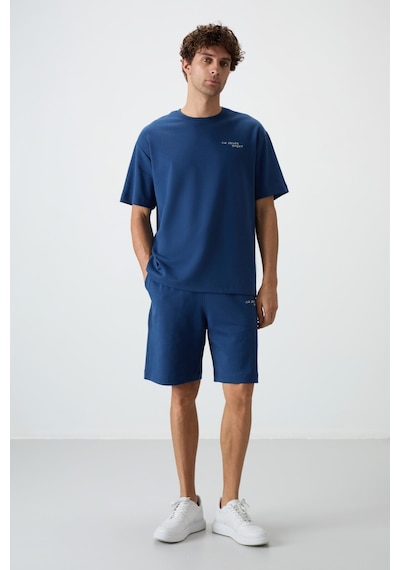 Tommy Life Parlament Pamuklu Kalın Yumuşak Dokulu Oversize Fit Nakışlı Erkek Şort Takım - 85250 Lacivert