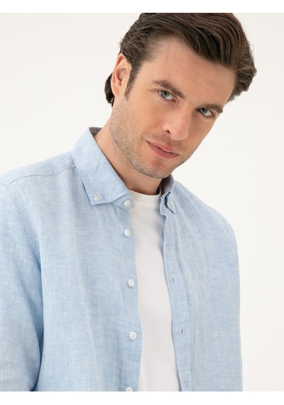 Cacharel Mavi Regular Fit %100 Keten Gömlek