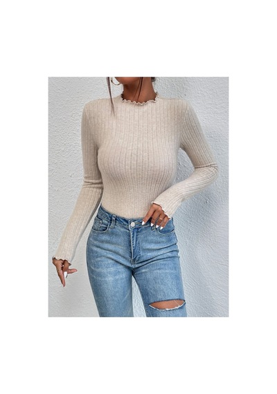 Moda Kadın Dik Yaka Uzun Kollu Esnek Yumuşak Dokulu Body Bej Bej