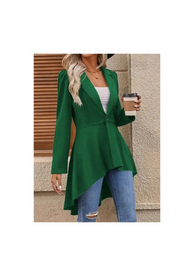 Butik İstanbul Kadın Uzun Kollu Yakalı Önden Düğmeli Uzun Atlas Blazer Ceket Yeşil