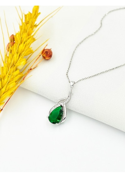 Brezza Lusso Jewelry Pırlanta Model Zümrüt Yeşili Zirkon Taşlı Gümüş Kolye 45 CM