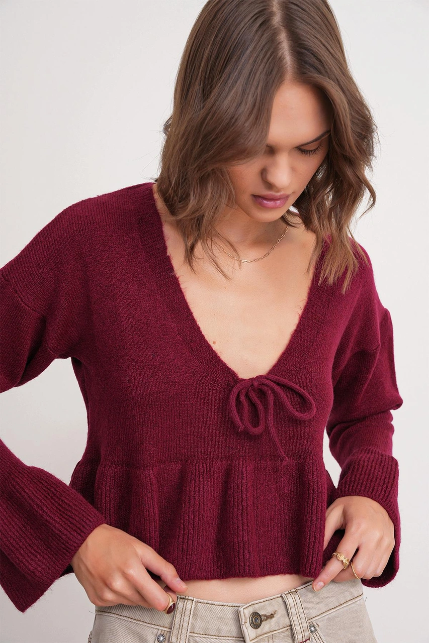 Mixray 6955 Kadın Fırfırlı Triko Kazak Bordo Bordo