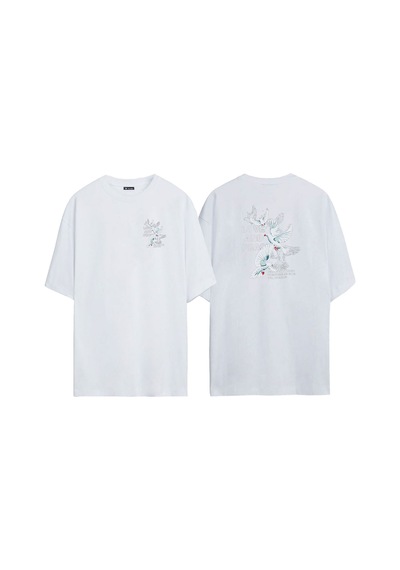 Thewert Unisex Love And Peace ,güvercin Ön Arka Baskılı Beyaz Oversize T-shirt