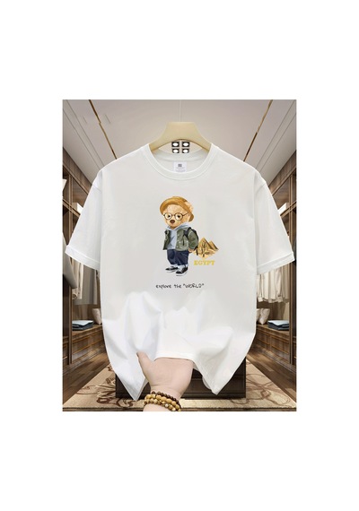 Caddemia Yaz Moda Eğlence Spor Gevşek Seyahat Ayı Karikatür Desen Baskılı Yuvarlak Beyaz 2XL