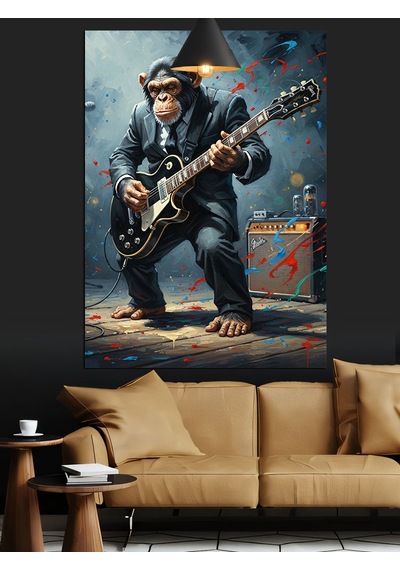 Elektrogitar Çalan Maymun Figürü Dekoratif Kanvas - Mdf Ahşap Tablo
