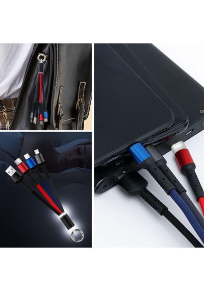 Gees Global Işıklı Anahtarlık Model 3 İn 1 Usb Çıkışlı Mikro,type-c Ve İphone Uyumlu Şarj Kablosu Gbzs