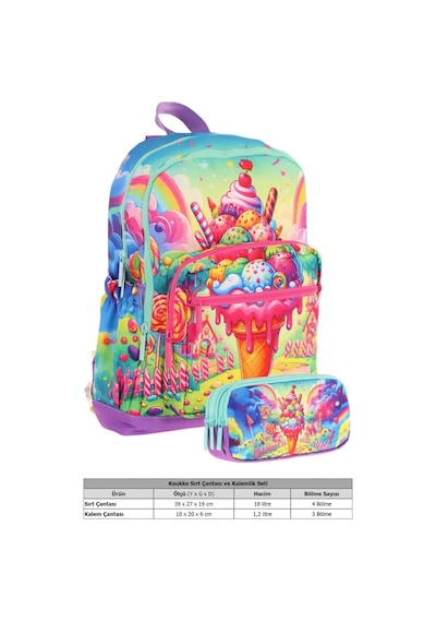 Kaukko Kids Layer Kız Çocuk Okul Çantası + Kalem Çantası Seti Kırmızı Mavi - Dondurma Kırmızı - Mavi
