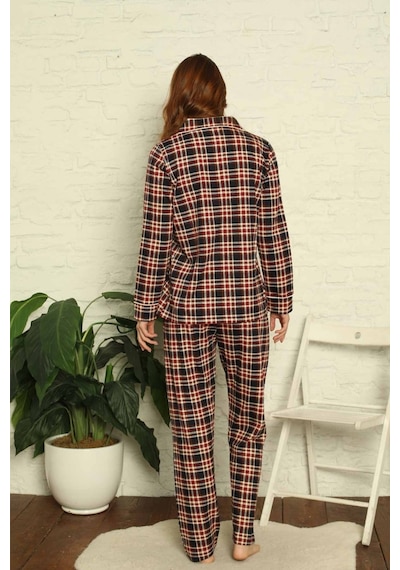 Farya Home Dreamy Ekoseli Pamuklu Biyeli Uzun Kollu Gömlek Pijama Takımı Ekose Siyah