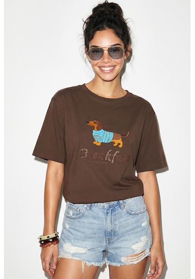 Shade Kadın Bisiklet Yaka Nakış Ve Boncuk İşlemeli Oversize T-shirt 2221 60286122 - Kahverengi