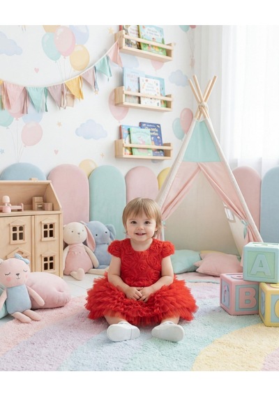 Jolin Kids Kız Bebek Gül Detaylı Kat Kat Tül Abiye Elbise Kırmızı 9-36 Ay Kırmızı