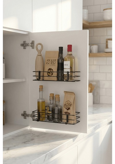 2'li Siyah Dolap Kapağı Yapışkanlı Raf Seti Mutfak & Banyo Düzenleyici Metal Organizer Siyah