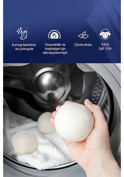 Clean 3 Adet Çamaşır Yün Keçe Kurutma Topu + 30ml Esans Koku Hediye - Doğal Ve Çevre Dostu
