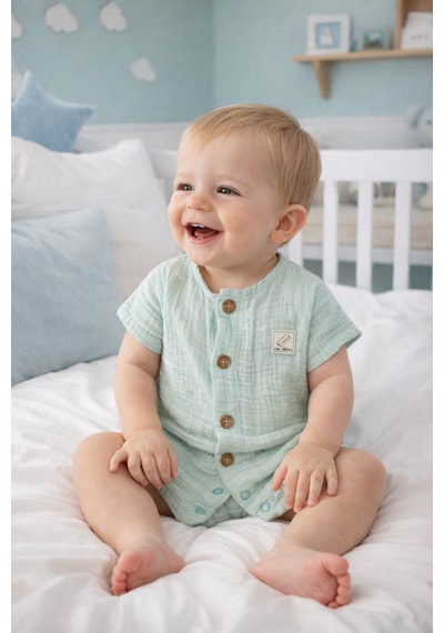 Babyhola Kız Erkek Bebek Kısa Kollu Çıtçıtlı Tulum Pamuk Müslin 22404 Mint Yeşili