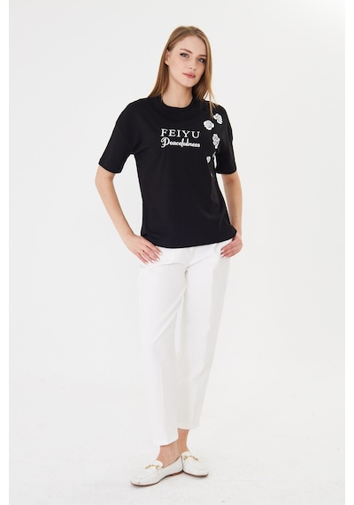 Sortie Collection Feıyu Peacefulness Gül Baskılı Rahat Kalıp Basic Tişört Siyah