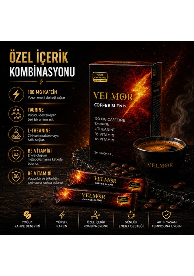 Velmor Coffee Blend Yüksek Kafeinli Kahve Karışımı Taurine, L-theanine Ve Vitamin Destekli 30 Sachet Granül