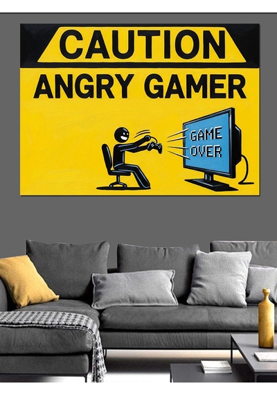 Sinirli Oyuncu Gamer Uyarı Levhası Dekoratif Kanvas - Mdf Ahşap Tablo