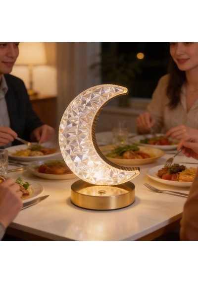 Hilal Ay Model Kristal Led Masa Lambası Dokunmatik, 3 Renk Işık Modlu, Şarjlı Mini Dekoratif Gece Çok Renkli