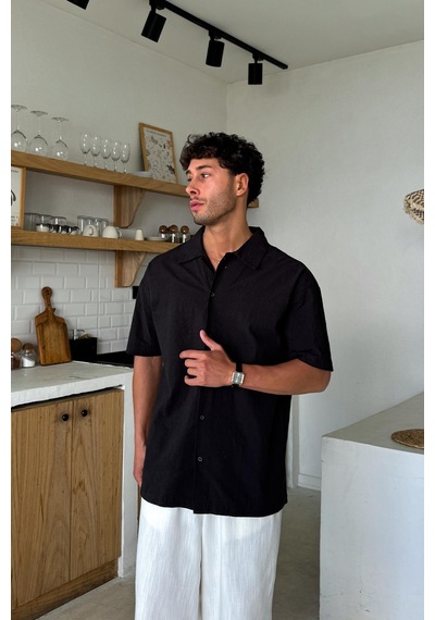 Flaw Keten Oversize Kısa Kol Gömlek Siyah-25769 Siyah