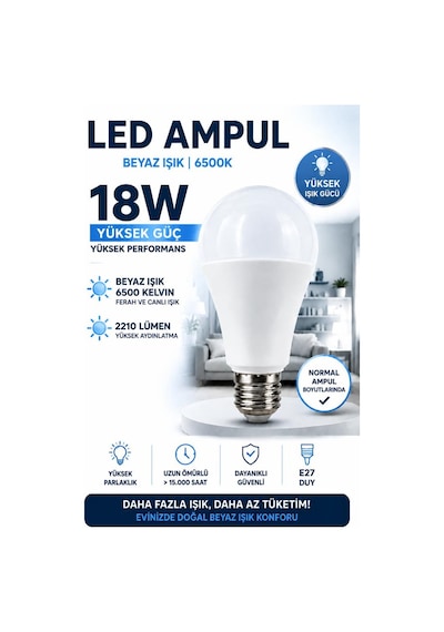 Şahnet 18w E27 Led Ampul 6500k Beyaz Işık 5 Adet Yüksek Aydınlatma Lamba