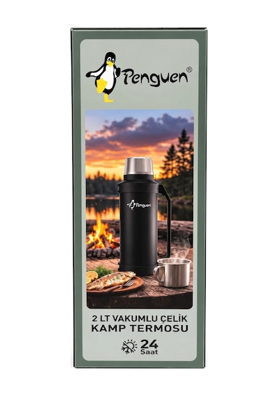 Penguen 2 Litre Paslanmaz Çelik Vakumlu Kamp Termosu Siyah Çok Renkli