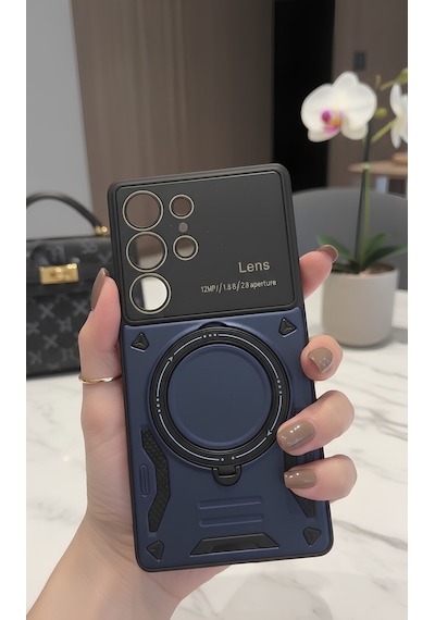 Galaxy S25 Ultra İçin Uyumlu 3d Kamera Lens Korumalı Yüzüklü Stand Olabilen Kılıf